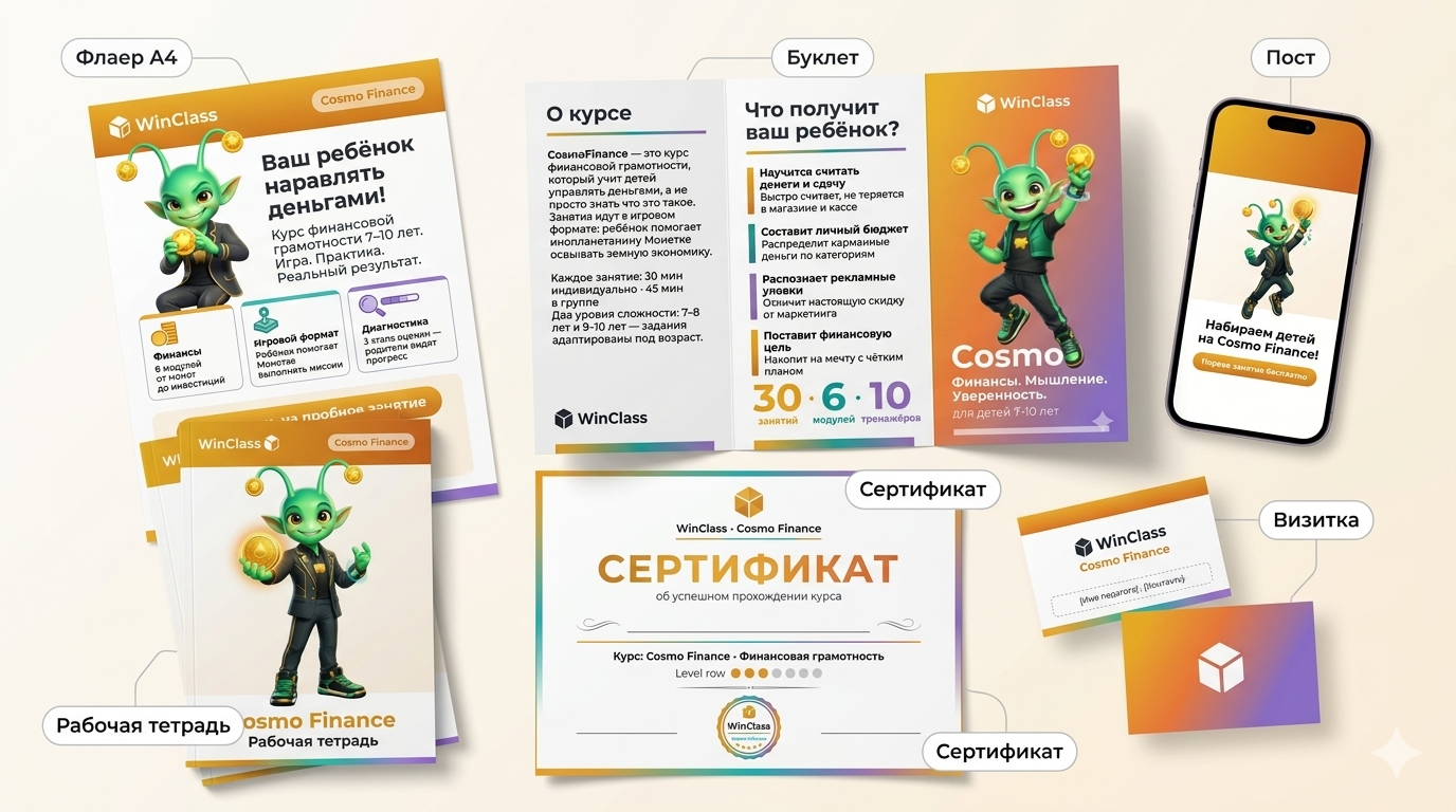 Бренд-пакет педагога Cosmo Reading — флаер, буклет, тетрадь, сертификат, визитка, посты